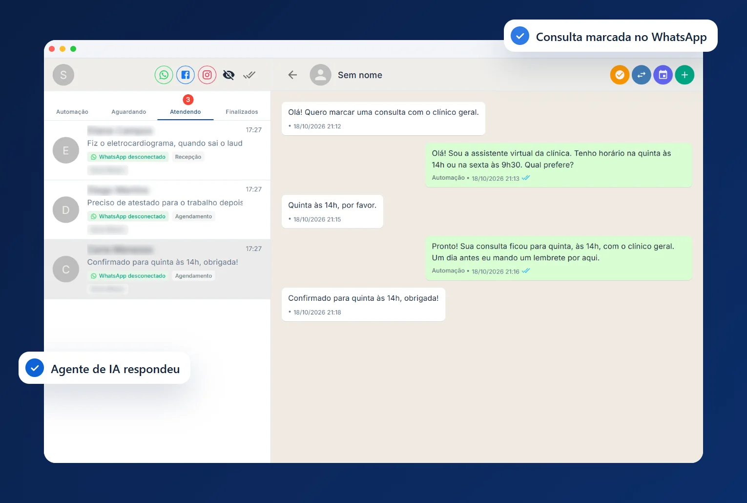 O paciente marca pelo WhatsApp e recebe o lembrete