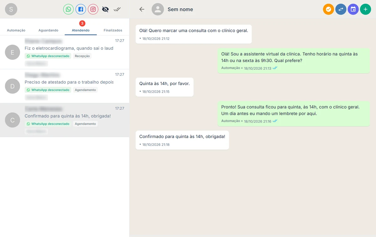 Tela de atendimento da Hosti: a assistente virtual marca uma consulta pelo WhatsApp
